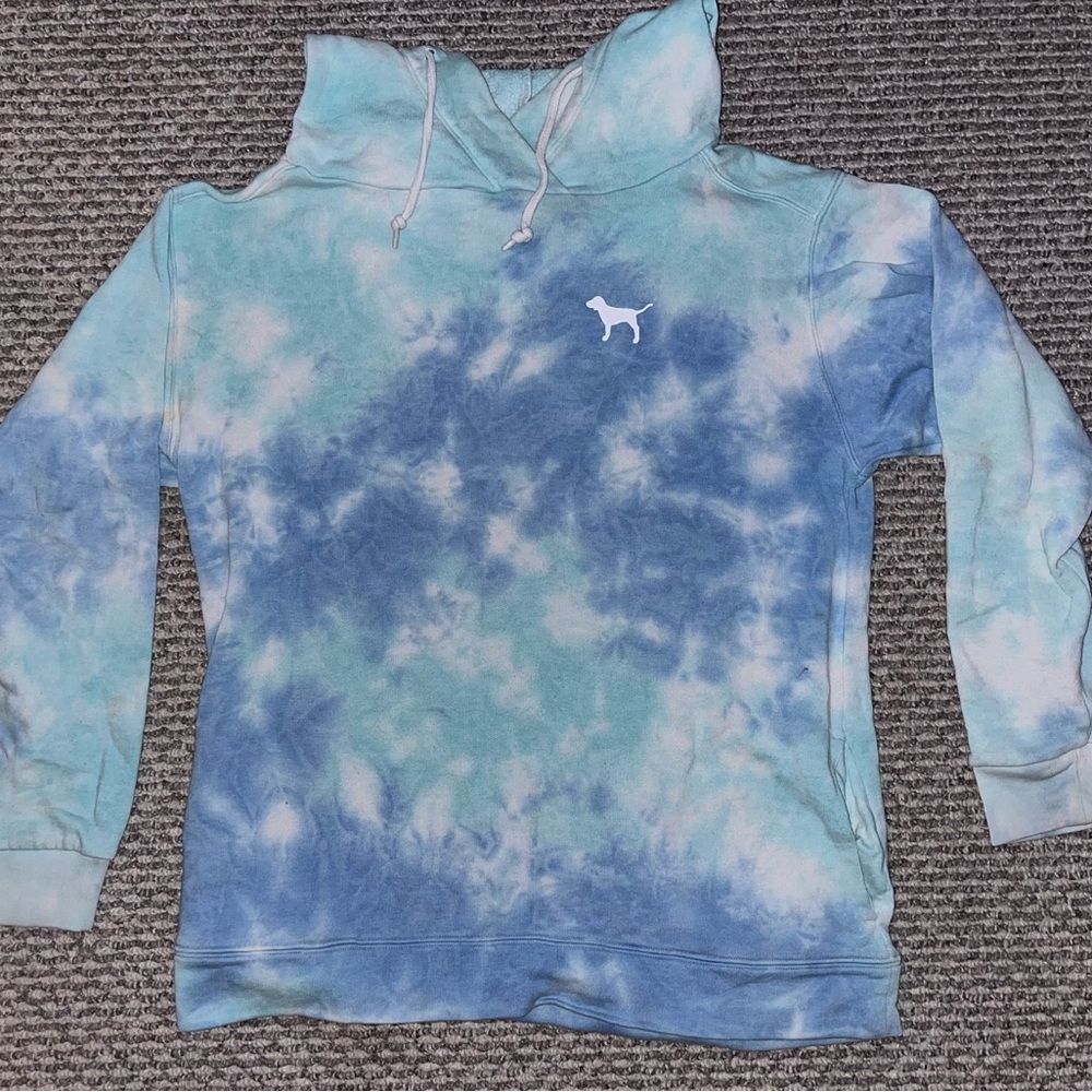 PINK Victoria's Secret Blue and White Tie-Dye Hoodie